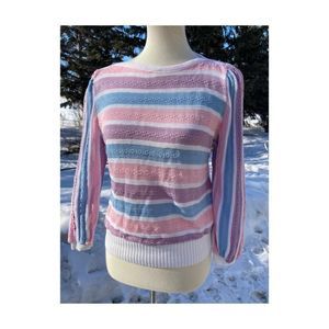 80s Pastel Striped Knit Short Sweater Princess Shoulder Boat Neck